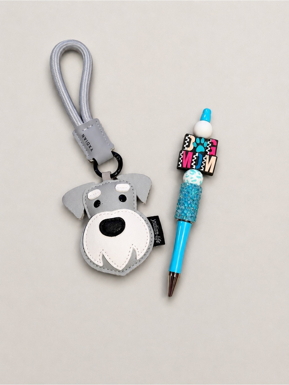 Handmade “Dog Mom” pen and Gray Dog Face faux leather Keychain Charm